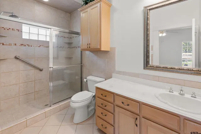 a bathroom with a sink a toilet and a shower