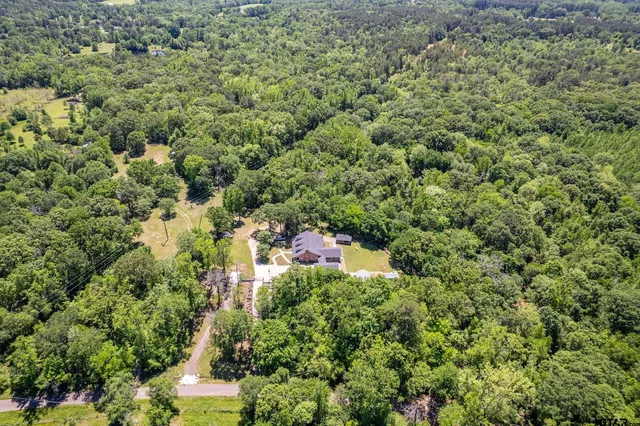 a view of a house with a lush green forest