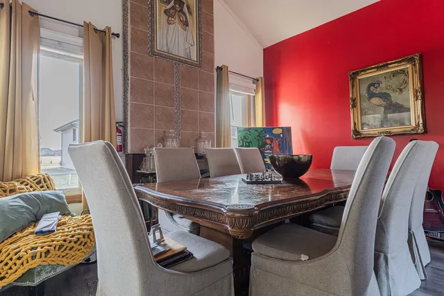a view of a dining room with furniture