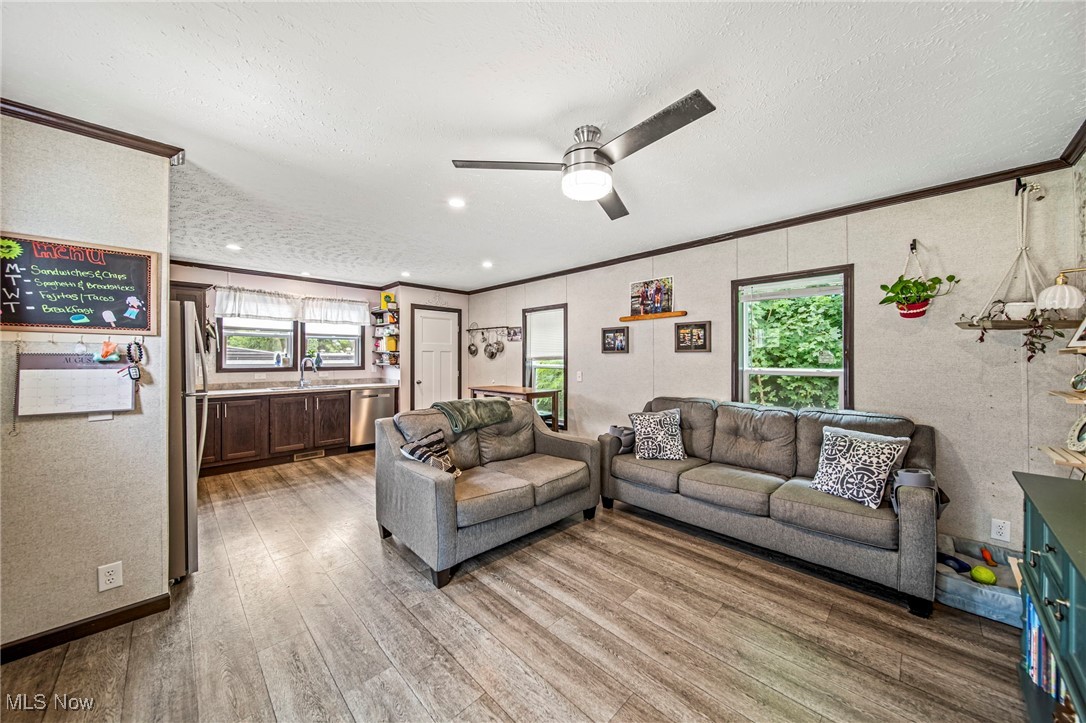 202 West Main Road, Unit LOT 13 Conneaut, OH 44030 - Photo 8 of 23 Living area with crown molding, light wood-style flooring, a ceiling fan, a textured ceiling, and recessed lighting