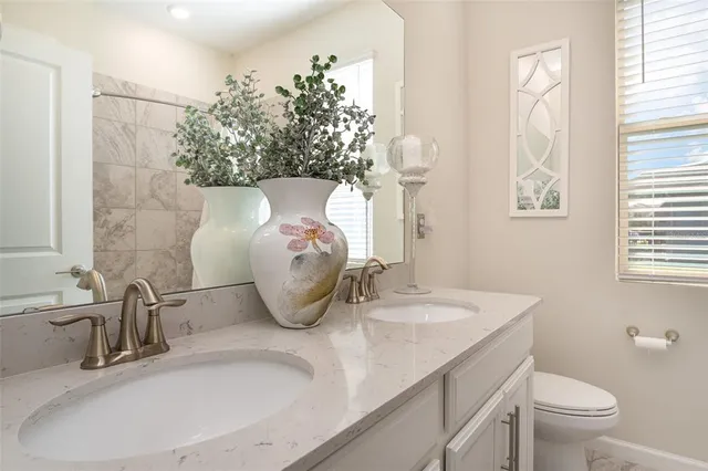 a bathroom with a granite countertop sink a toilet and a mirror