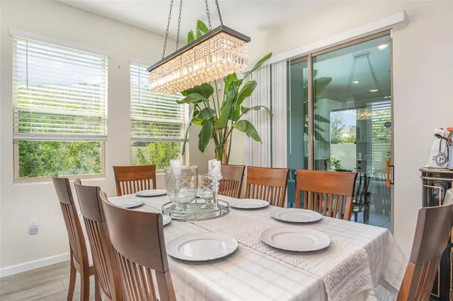 a view of a dining room with furniture window and outside view