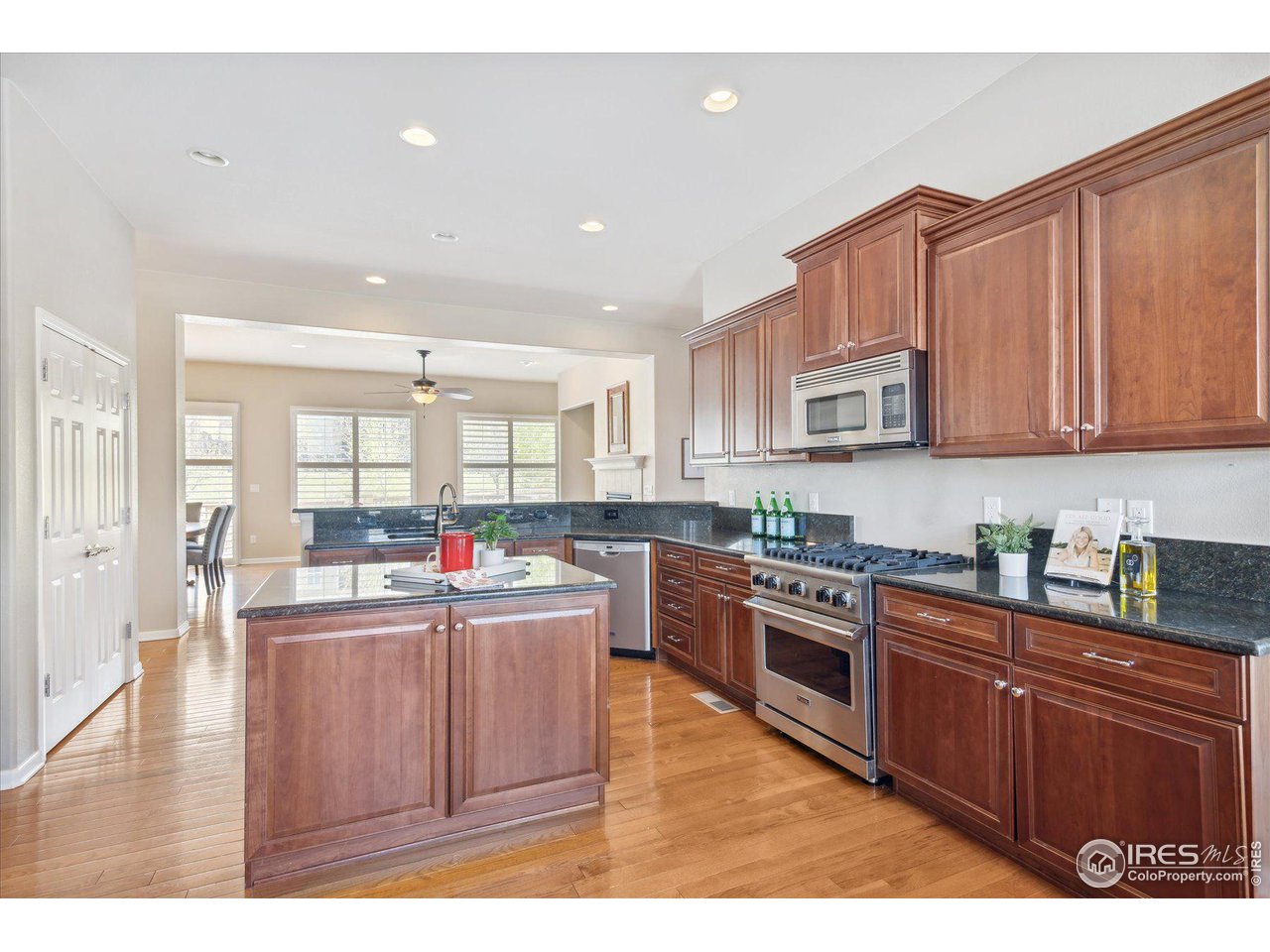 4514 Silver Mountain Loop Broomfield, CO 80023 - Photo 10 of 39 a kitchen with stainless steel appliances granite countertop a stove top oven a sink dishwasher and cabinets with wooden floor