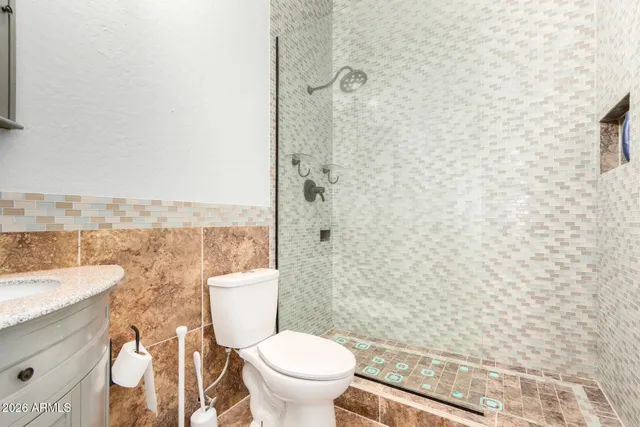 a bathroom with a granite countertop toilet a sink and a shower