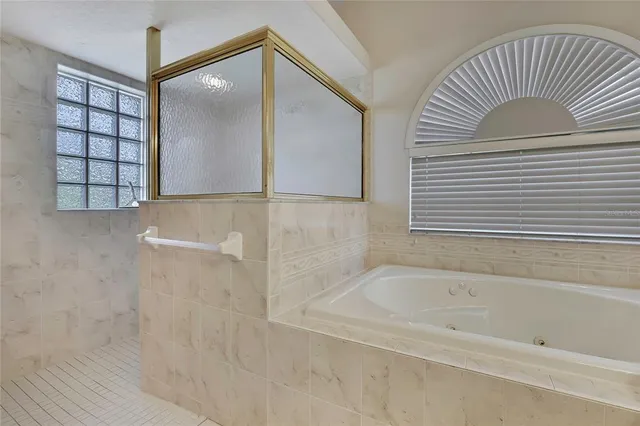 a bathroom with a bathtub and a shower
