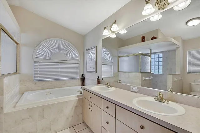 a bathroom with a tub a double vanity sink and a mirror