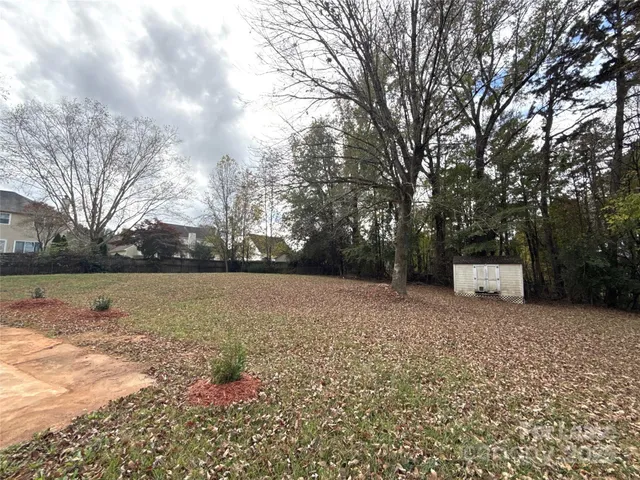 a view of a field with large trees