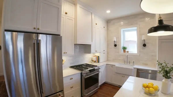 a kitchen with stainless steel appliances a stove a refrigerator and a sink