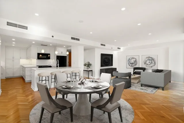 a view of a dining room with furniture