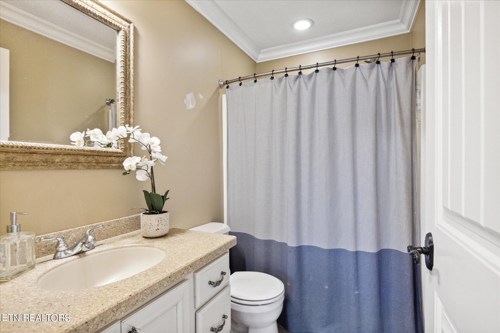 9245 Arlington Ridge Way Powell, TN 37849 - Photo 15 of 36 a bathroom with a granite countertop sink toilet and mirror