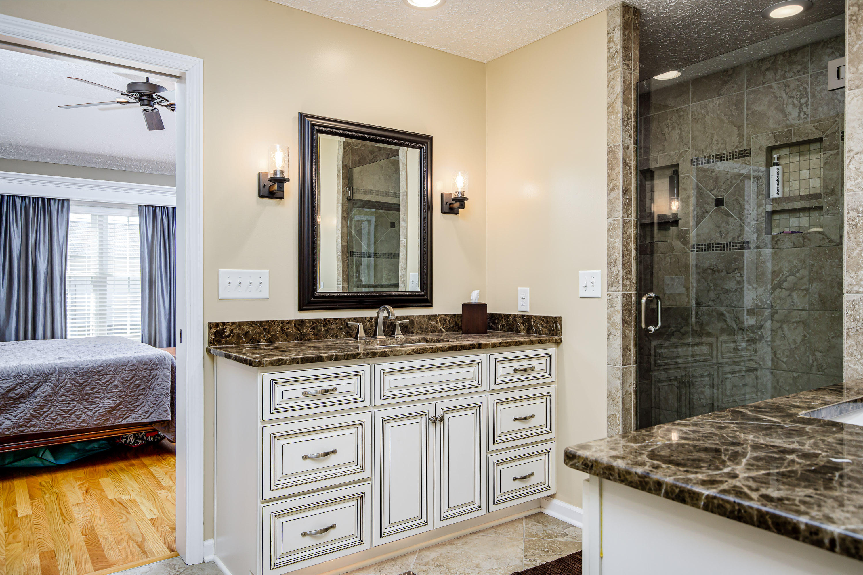 2777 Farm Life School Road Carthage, NC 28327 - Photo 15 of 44 Master bath with large walk-in shower, granite, tile, and under cabinet lighting
