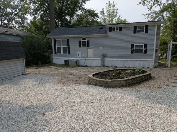 a view of a backyard with plants and a tree