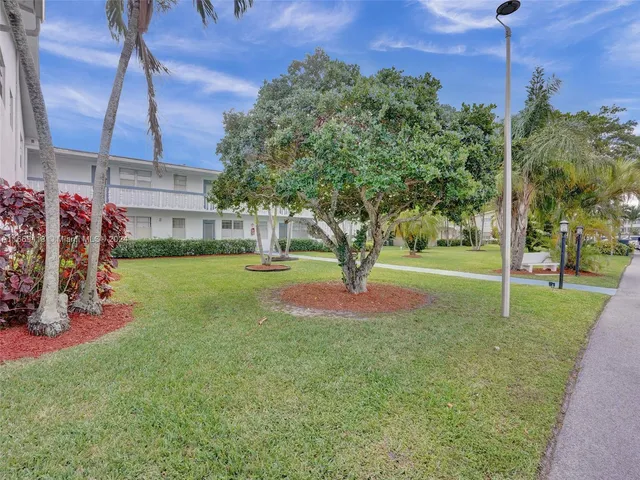 a view of a park with large trees