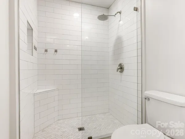 a bathroom with a shower and a toilet