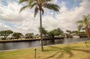 a view of a lake with boats and palm trees