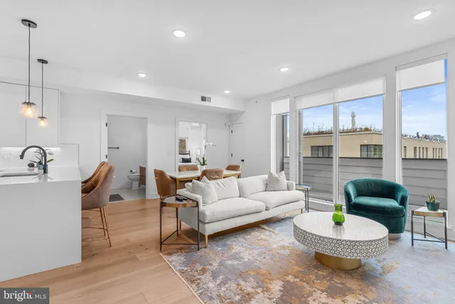 a living room with furniture a lamp and a potted plant