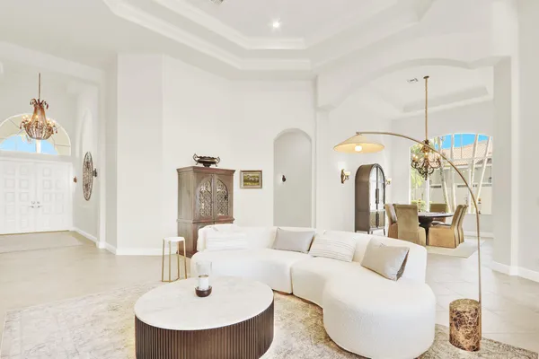 a view of a dining room with furniture
