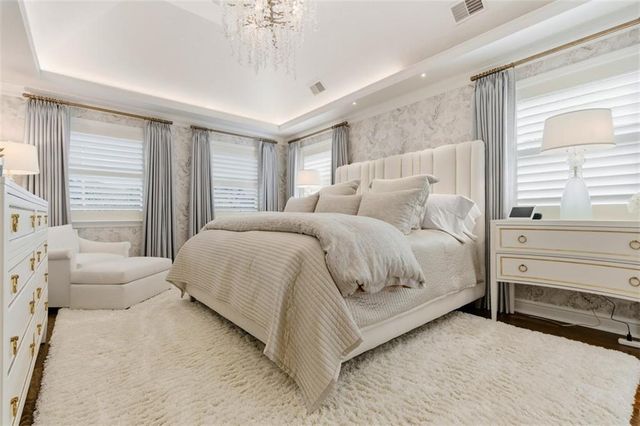 a spacious bedroom with a large bed and a flat screen tv