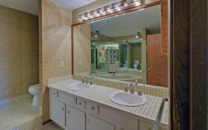 390 Colony Cove Alpharetta, GA 30022 - Photo 17 of 41 a bathroom with a granite countertop sink a large mirror and a toilet