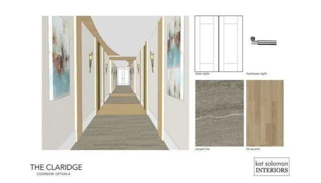 a lobby with a chandelier