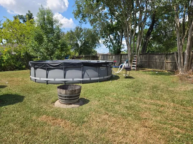 a garden view with a seating space
