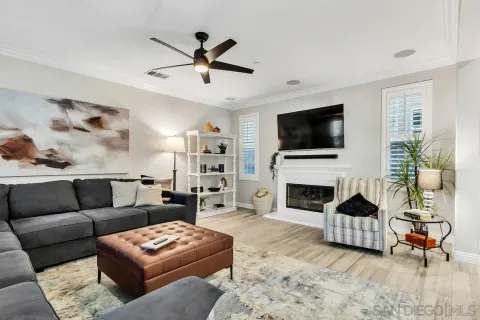 a living room with furniture a fireplace and a flat screen tv