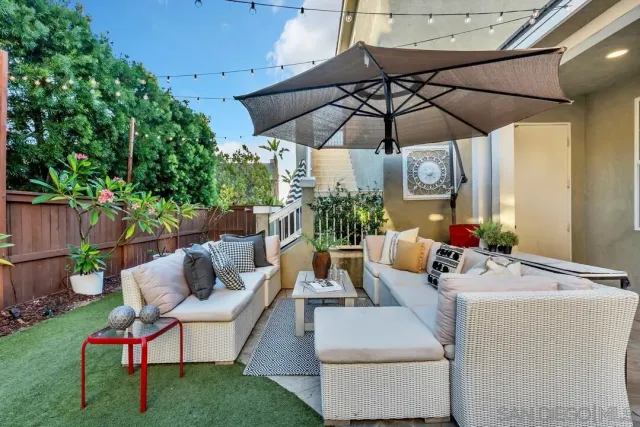 a patio with patio a table and chairs under an umbrella