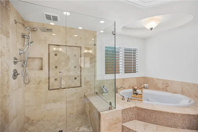 a view of backyard with swimming pool and outdoor seating