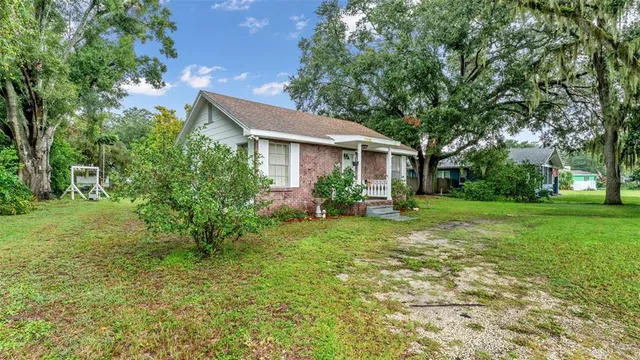 a backyard of a house with plants and large tree