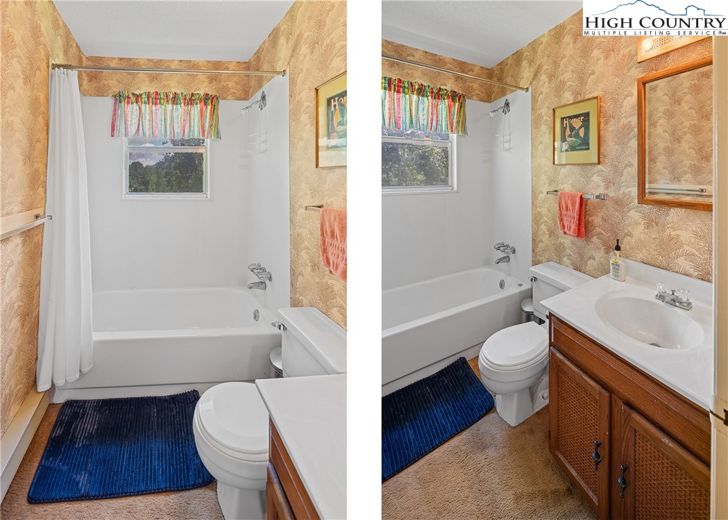 2811 Georges Gap Road Vilas, NC 28692 - Photo 22 of 39 a bathroom with a sink toilet a bathtub and a shower