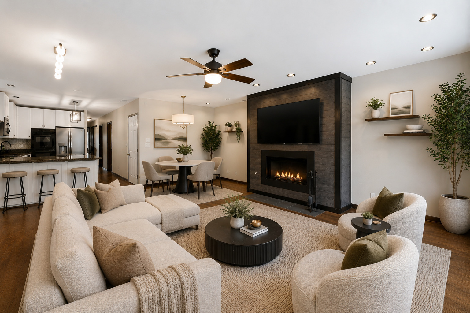 619 North Racine Avenue, Unit 1 Chicago, IL 60642 - Photo 3 of 36 a living room with furniture and a fireplace