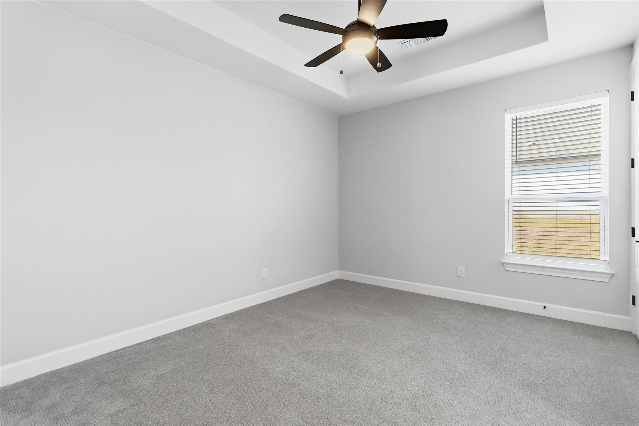 640 Prairie Clover Drive Dripping Springs, TX 78620 - Photo 19 of 32 Empty room featuring a raised ceiling, light colored carpet, and ceiling fan