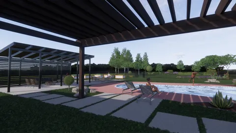 a view of swimming pool with garden and patio