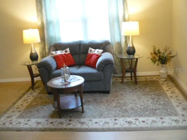 a living room with furniture and a rug