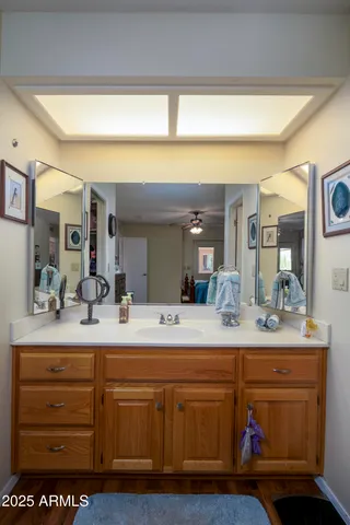 a bathroom with a sink and a mirror
