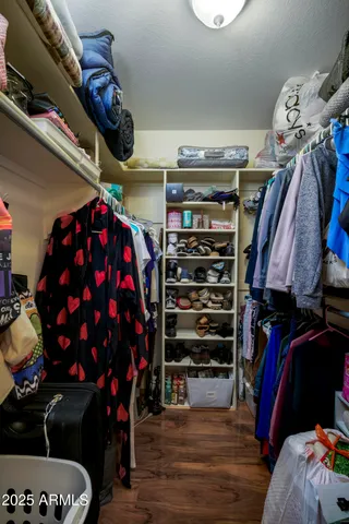 a view of walk in closet with clothes and shoes