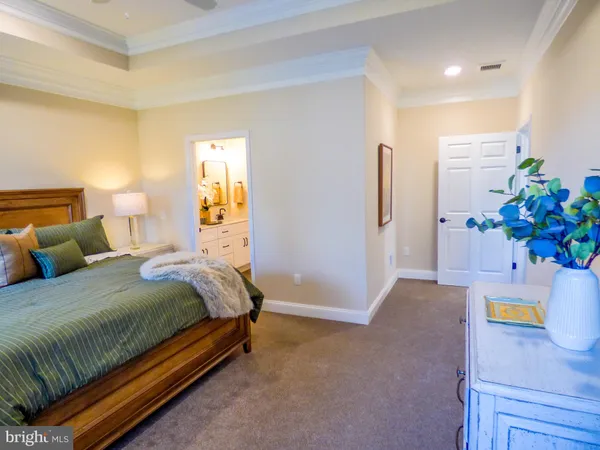 a spacious bedroom with a bed and a dresser