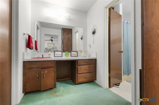 a bathroom with a sink vanity and a mirror