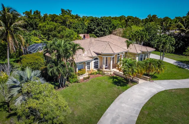 a view of a house with a big yard plants and large trees