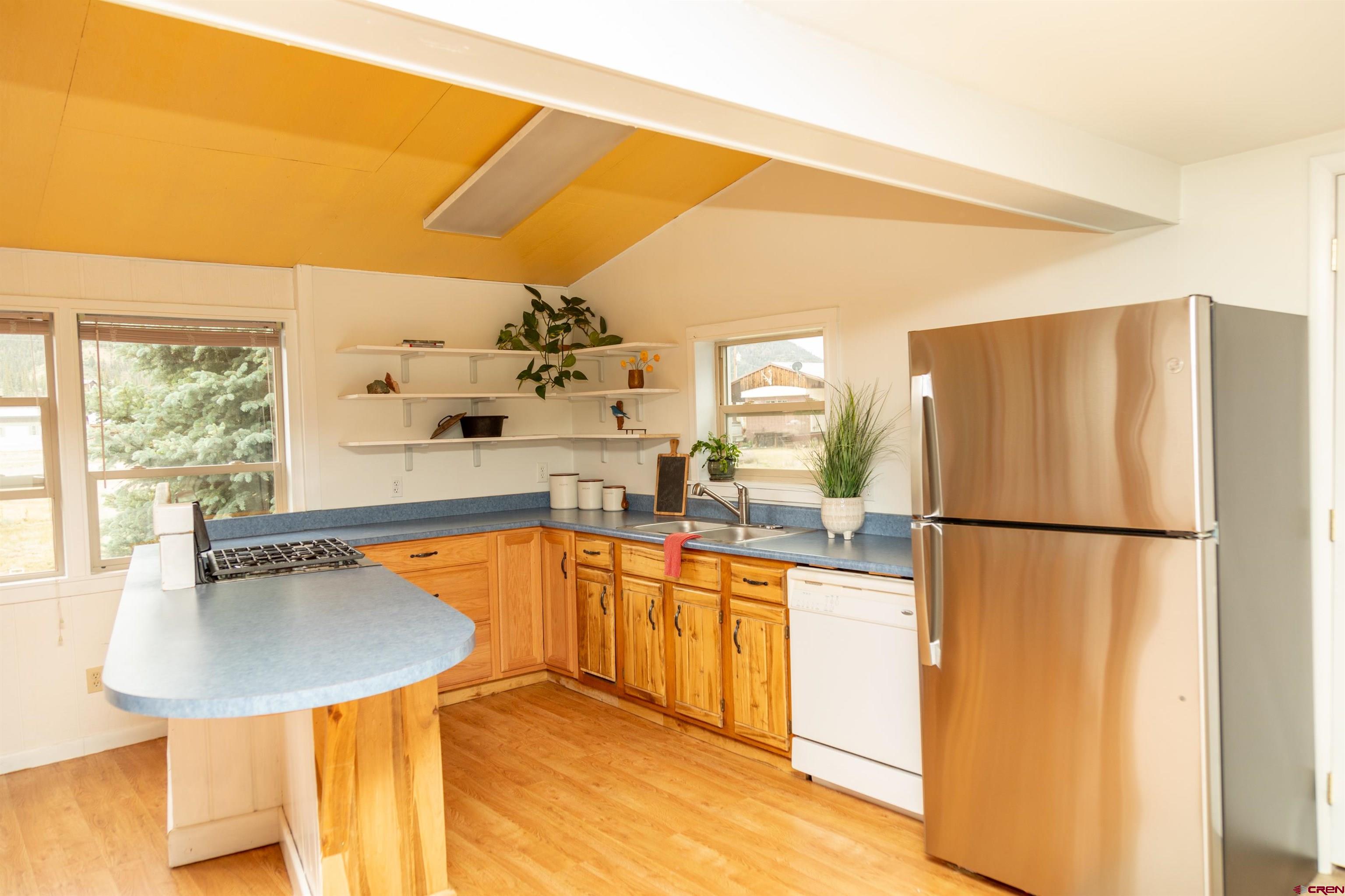 507 Ridge Drive Creede, CO 81130 - Photo 22 of 31 a kitchen with stainless steel appliances a refrigerator a sink a stove and white cabinets