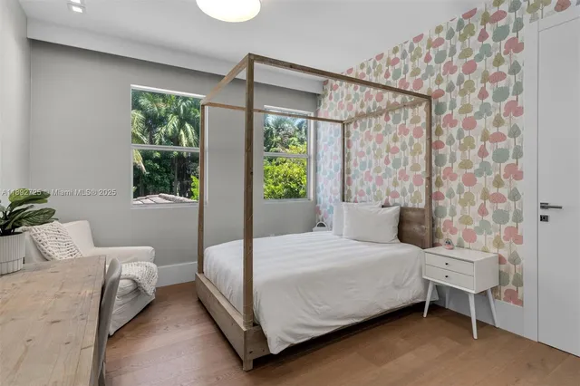 a bedroom with a bed and a desk