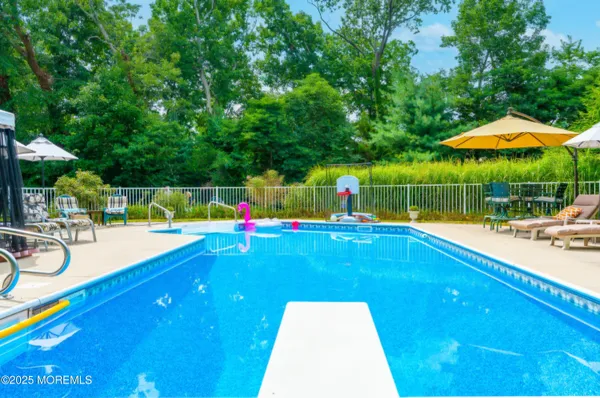 a view of a backyard with swimming pool and furniture