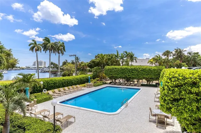 a view of a swimming pool with a lawn chairs under palm trees