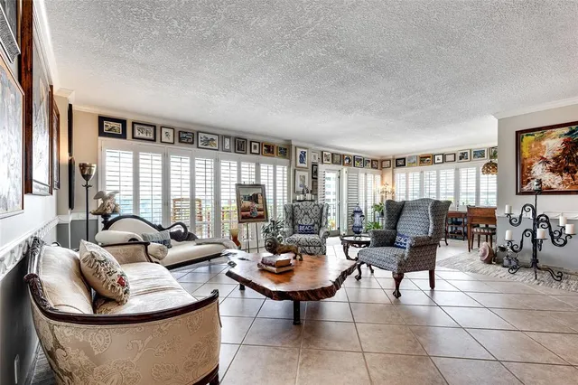 a living room with couches and a potted plant