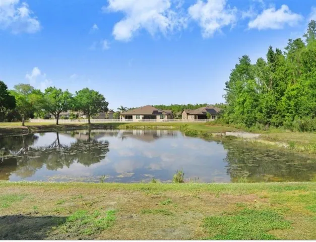 a view of a lake with a yard