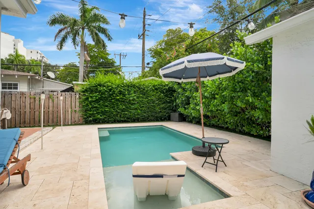 a view of a backyard with sitting area