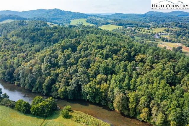 a view of a lush green forest with a house