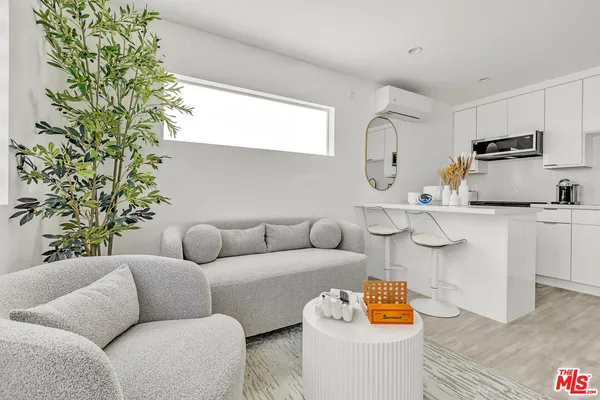 a living room with furniture and a potted plant