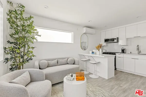 a living room with furniture and a potted plant