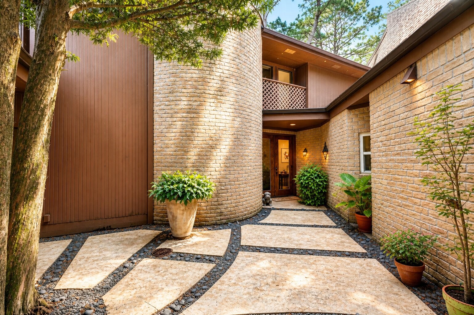 Discover a grand sense of arrival in this meticulously designed gated courtyard. The combination of the curved brick wall, vertical siding and geometric pavers create a welcoming and dynamic architectural space.